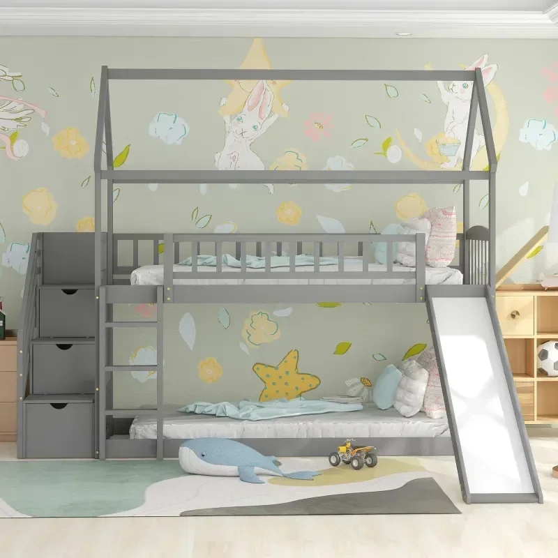Bunk Bed With Stairs And Slide - Lit superposé pour enfants en bois