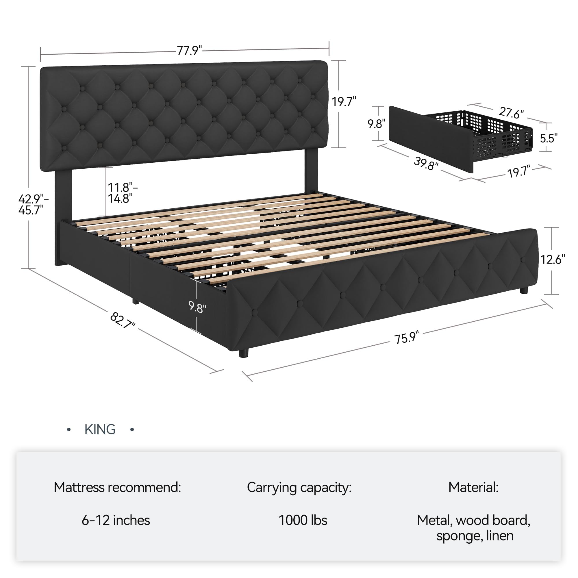 Cadre de lit King Size avec 4  - King Size Bed Frame With Storage Drawers avis et prix